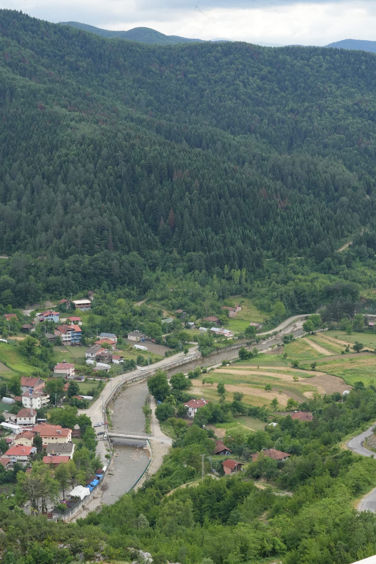 Yeşil vadinin dibinde nehir kenarındaki kasaba